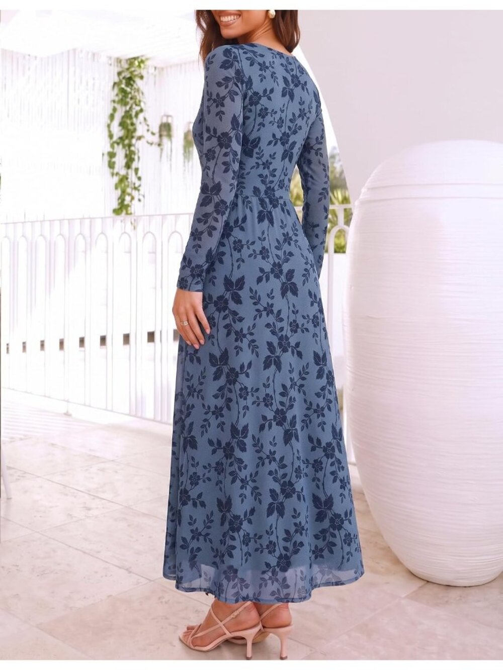 Women's Dusty blue Crewneck Maxi Long Sleeve Elegant Slimming Cocktail Dresses - Picture 5 of 6